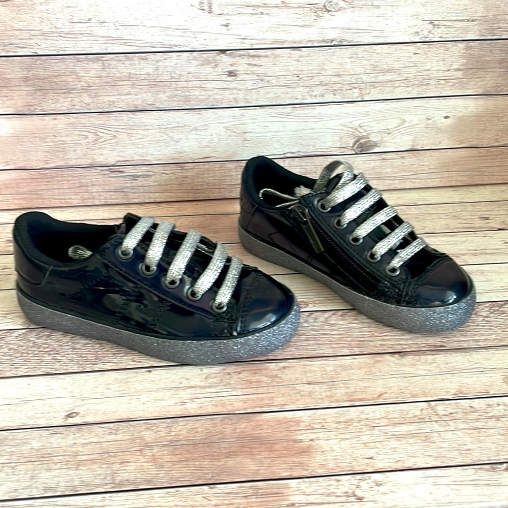 Kidpik patent black/silver sparkly casual lace up zippered shoes size 9 EUC - Picture 3 of 8